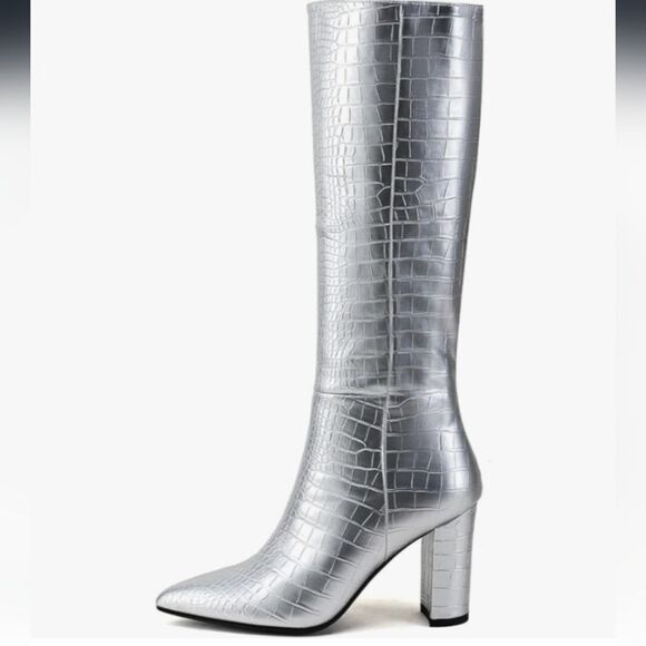 Modatope Knee High Silver Croc Embossed Chunky Heeled Boots Size 9 NWOT - Picture 2 of 8